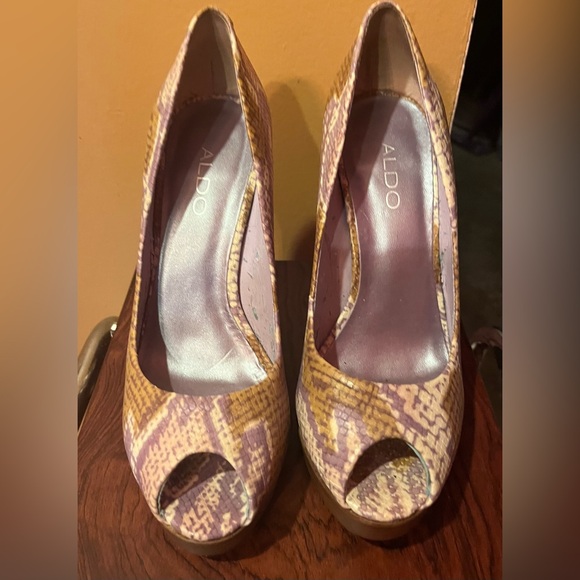 Aldo Sz 8 Skin Print Peep Toe Platform Heels - Picture 7 of 12